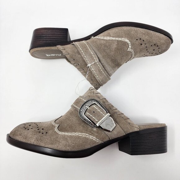 New Dirty Laundry Womens 9.5 Waltz Gray Taupe Suede Slip On Mules Western Buckle - Picture 13 of 15